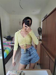 Yellow waffle ruched crop top