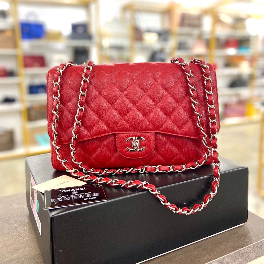 💯% Authentic Chanel Red Caviar Single Flap Jumbo In Silver Hardware, Luxury,  Bags & Wallets on Carousell