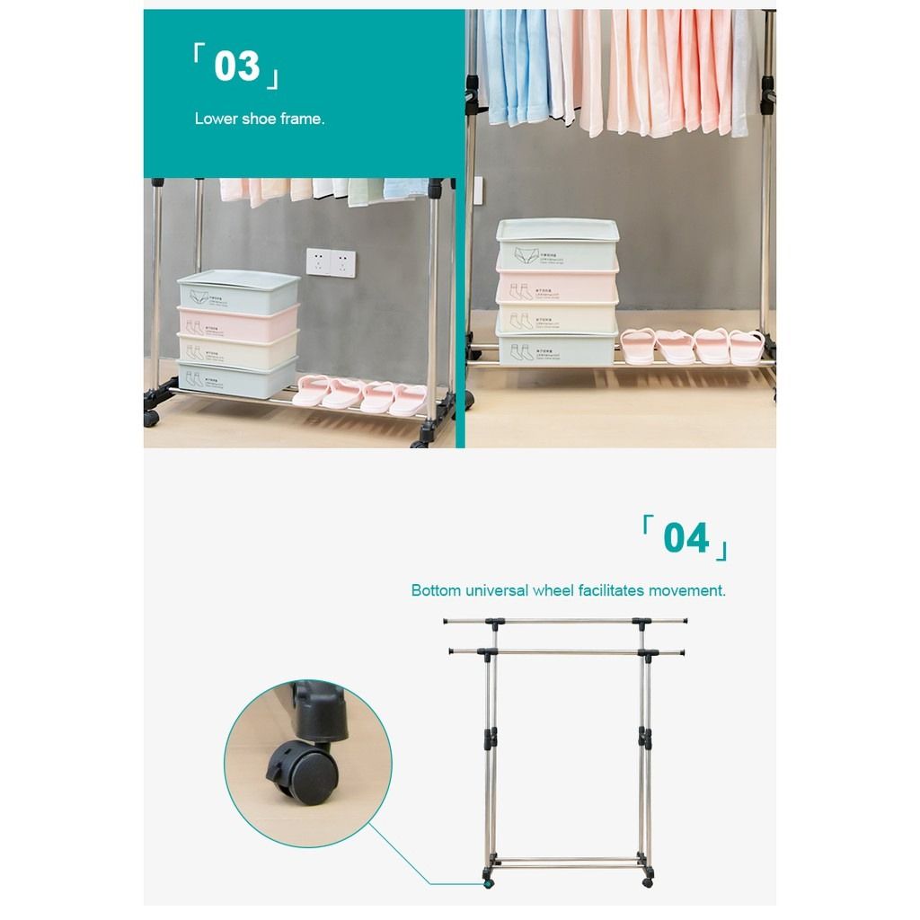 Adjustable Rolling Garment Rack - Single Or Dual Pole For Drying & Hanging Clothes