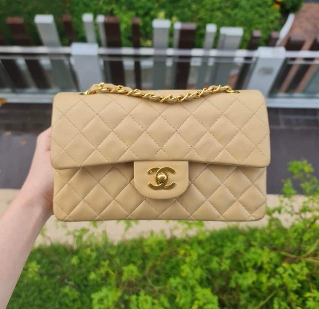 Authentic Chanel Vintage Beige Lambskin Two Toned Rare Flap
