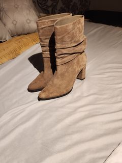 Beige Suede Ruched Boots