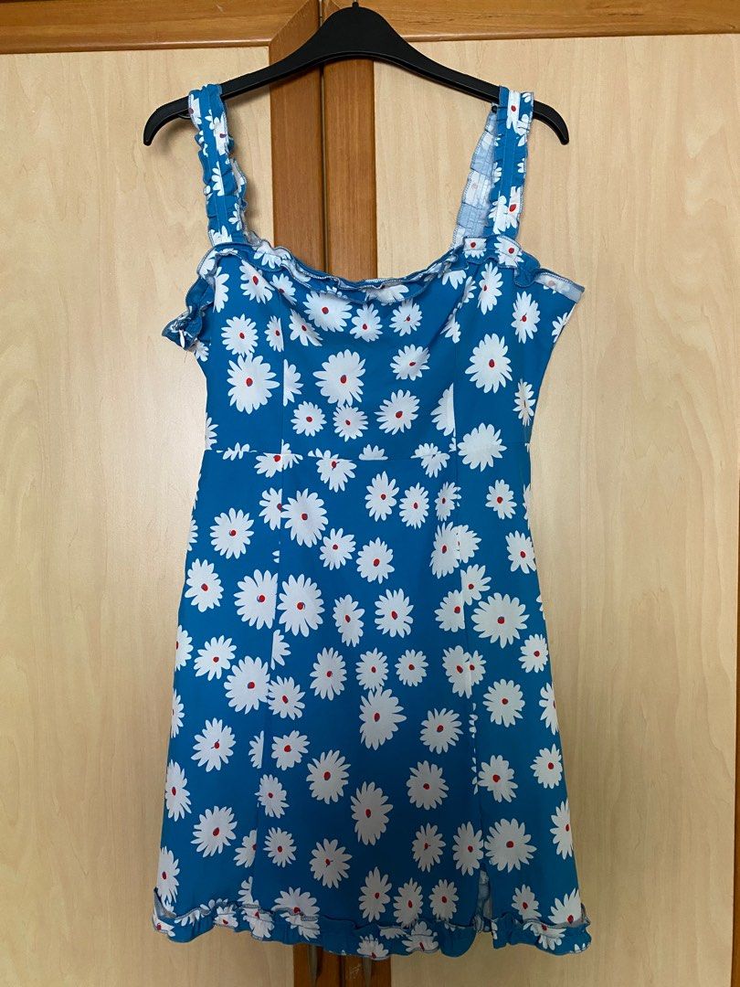 Blue Daisy Dress Cute Korean Picnic Midi Dress, Women's Fashion