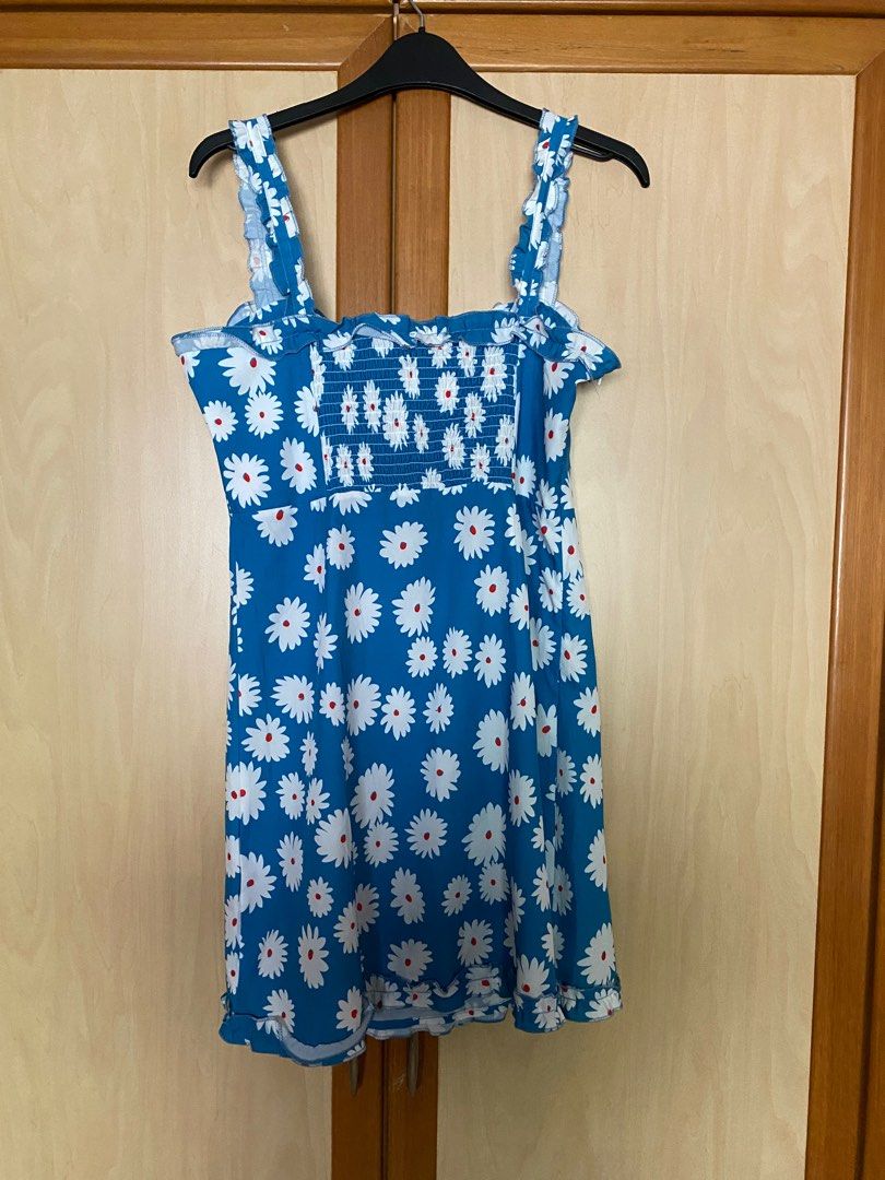 Blue Daisy Dress Cute Korean Picnic Midi Dress, Women's Fashion