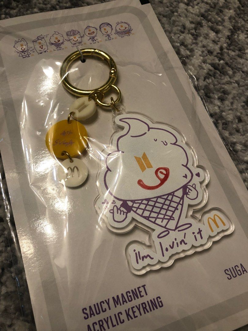 BTS x McD Saucy Magnet Key Ring SUGA Ver (Category: K-Wave Merchandise) located in Manila. Submitted by thenumber60 (Listing ID 1220474836, Image 3). Description: BTS X McD Saucy Key Ring Suga Ver. BRAND NEW. SEALED. RFS: Have extra. Buyer shoulders shipping fee. Negotiable! .