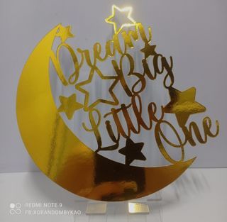Dream Big Little One with Moon and Stars Cake Topper Mirror Gold Cardstock