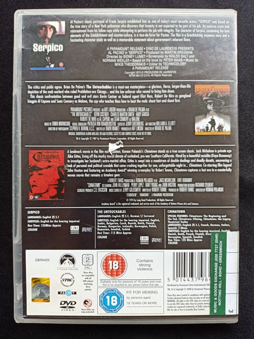 DVD Serpico / The Untouchables / Chinatown, Hobbies & Toys, Music ...