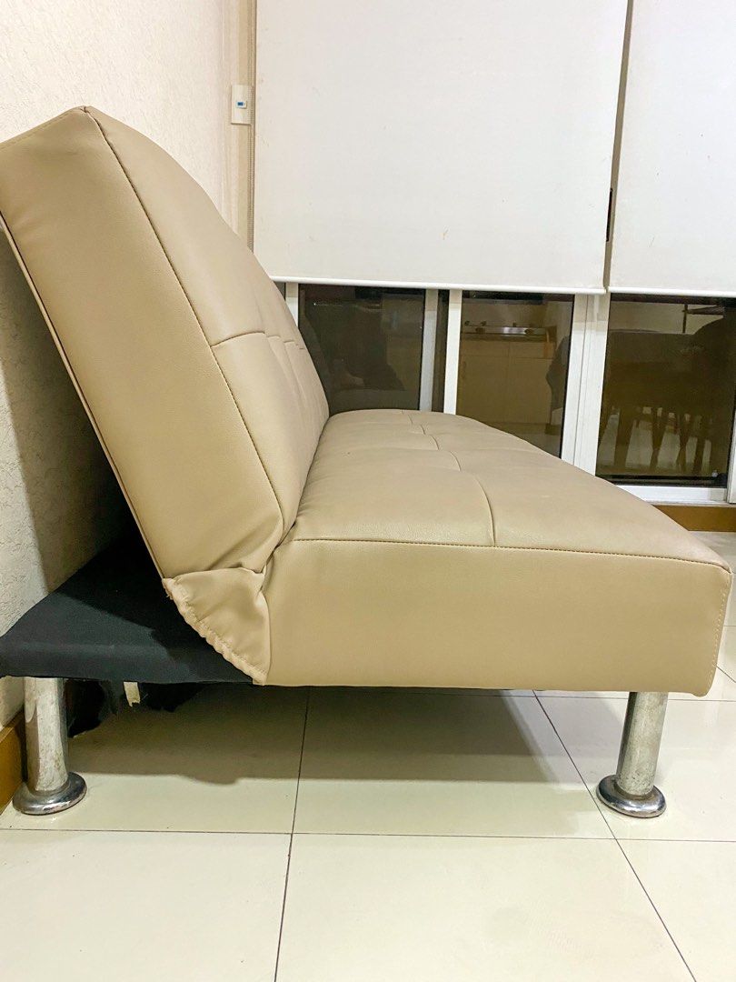 Foldable 3-seater Leather Sofa Bed (Category: Sofas) located in San Juan City. Submitted by lc151 (Listing ID 1220473611, Image 2). Description: Foldable 3-seater Leather Sofa Bed ❤️ Can be turned into bed type ❤️ Can fit 3 people comfortably, very spacious ❤️ With legs, approximately 5 inches off ground ❤️ Needs a little cleaning, but in very good condition ❤️ Reupholstered in 2020, infrequently used .
