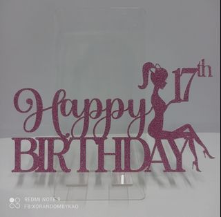 Happy 17th Birthday Cake Topper Glitter Pink Cardstock