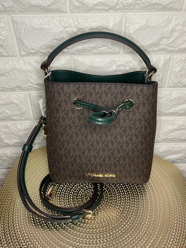 Michael Kors Suri Small Bucket Bag Crossbody Brown MK Racing Green