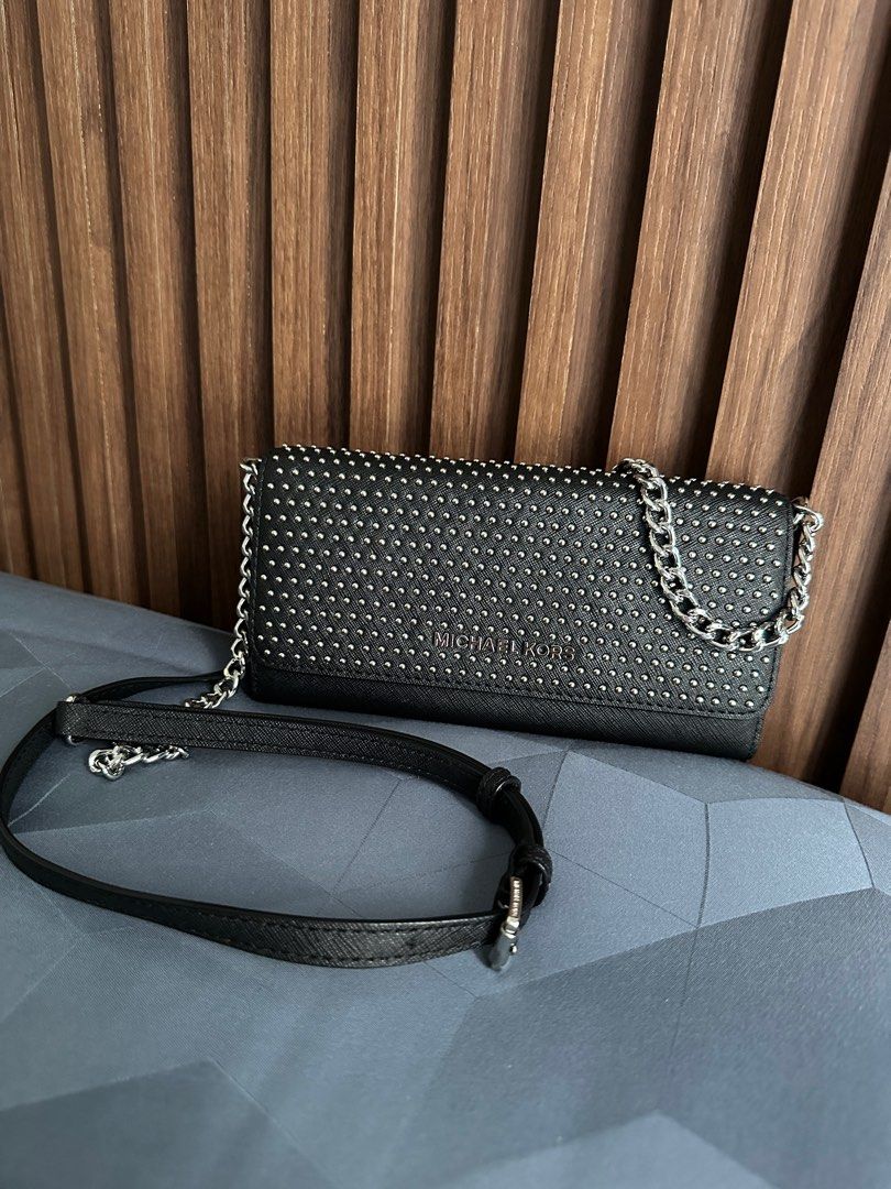 Michael Kors Silver Studded Black Leather Wallet on Chain, Luxury, Bags &  Wallets on Carousell