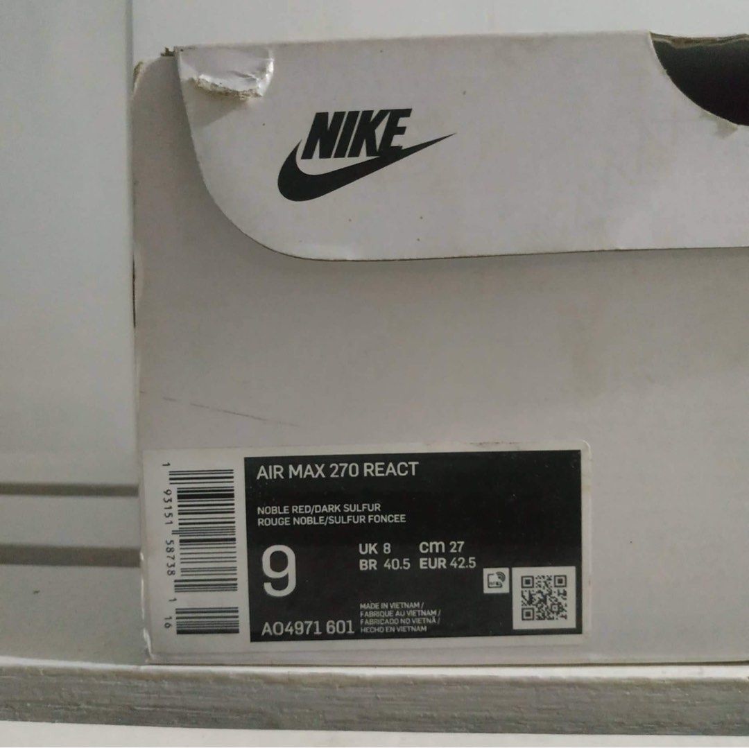 NIKE AIRMAX 270 REACT (Category: Sneakers) located in Cainta. Submitted by wazowski012 (Listing ID 1220408232, Image 2). Description: Nike Airmax 270 React , Once used, Good as new. Condition 9/10 With Box included .