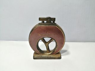 Old Brass Table Top Lighter with Unique Peace Sign Design Vintage & Collectible
