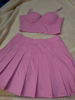 Pink Bustier Crop Cami Top & Pleated Skirt ( cords )