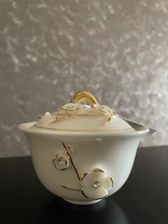 SharLife Vintage White and Gold Porcelain Sugar Bowl with Morning Glory Flower and Swarovski Crystals