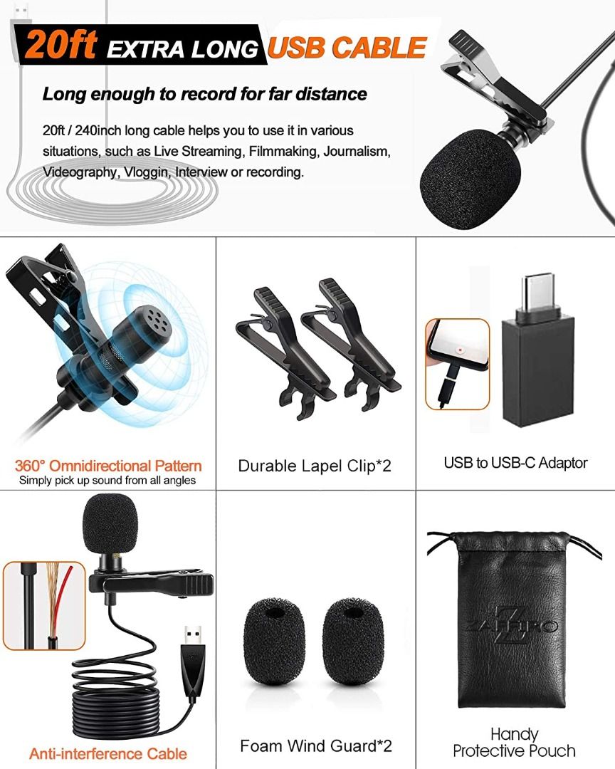 USB Lavalier Lapel Microphone for Video Recording Podcasting Streaming, USB C Clip-on Computer Microphones, Plug & Play Omnidirectional Condenser Lav Mic for Android Phone PC Laptop Mac MacBook PS463235537379586111