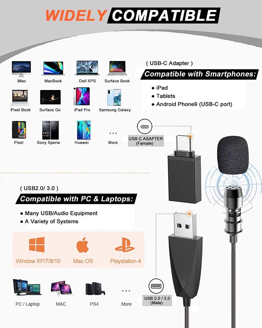 USB Lavalier Lapel Microphone for Video Recording Podcasting Streaming, USB C Clip-on Computer Microphones, Plug & Play Omnidirectional Condenser Lav Mic for Android Phone PC Laptop Mac MacBook PS463235537379586112