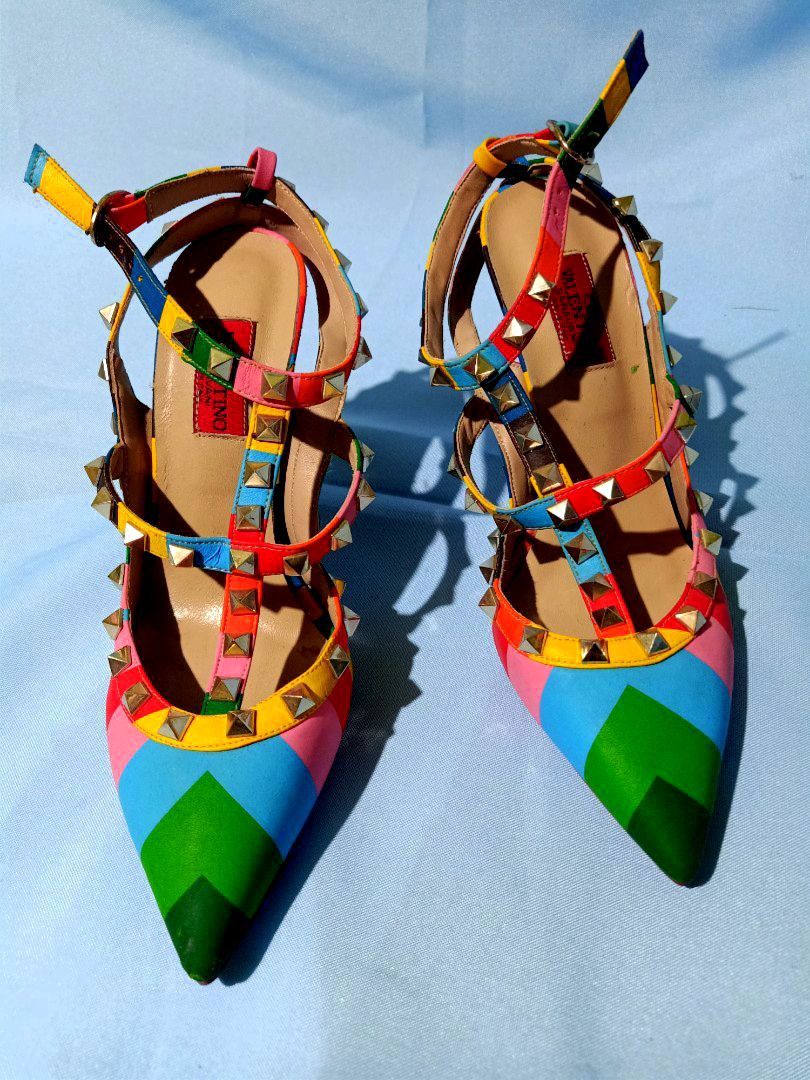 Valentino Garavani Studded Heels Sale pre owned Rainbow color Women s Fashion Footwear Heels on Carousell