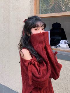 「全新」性感秋冬 小個子 可愛 JK制服系 溫柔學妹 蝴蝶结 露肩 該露就露 不冷 高領針織毛衣 红色 拜年 連身毛衣裙 過年喜氣 抗寒毛衣 #23吃土季