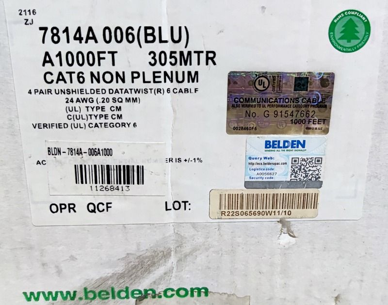 Authentic Belden UTP CAT6 7814A 006 Blue LAN Cable Wire (Per Meter) (Category: Cables & Adaptors) located in Mandaluyong City. Submitted by bazaar_excelsior (Listing ID 1220566032, Image 3). Description: This is a brand new Authentic BELDEN CAT6 LAN Cable that is an unused excess from our last home renovation. These cables are in excellent condition and brand new. I'm selling these per Meter. Let me know the Cable length you require so I can prov
