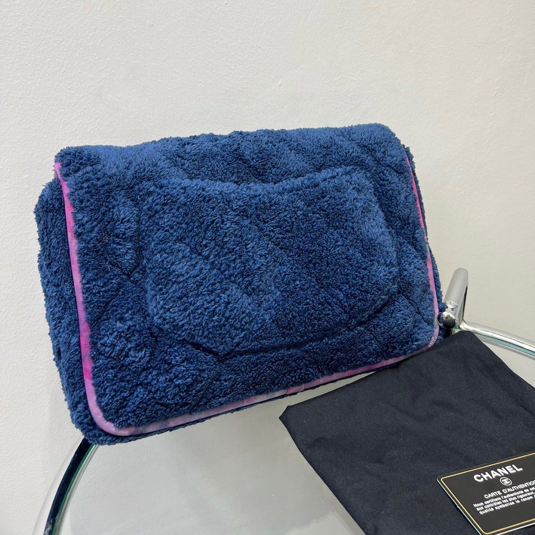 Authentic Chanel 2021 Terry Cloth Jumbo Single Flap Bag Blue and