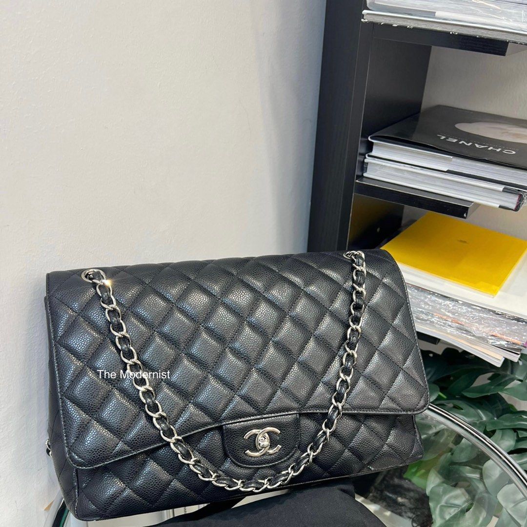 Authentic Chanel Maxi Single Flap Bag Black Caviar Leather Silver Hardware
