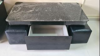 Black tinted glass coffee table with drawers and 2 sitting rectangular stools