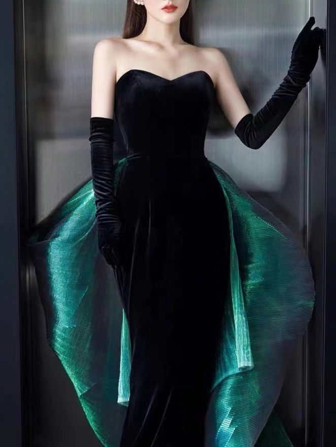 PO Black Velvet Green Mermaid Tail Prom Dress Night Gown Women s