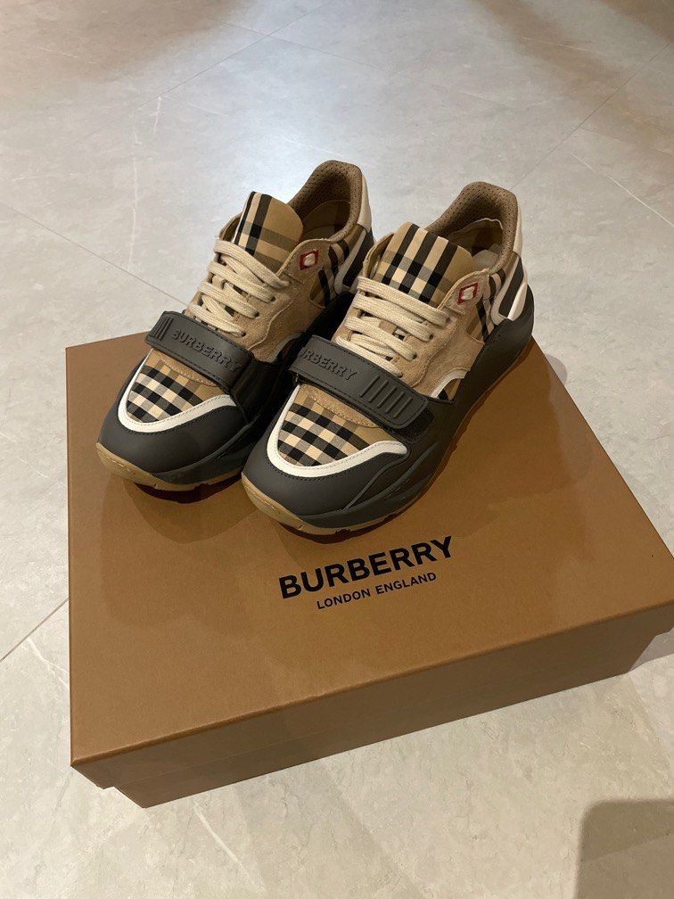 Check detail leather sales sneakers burberry
