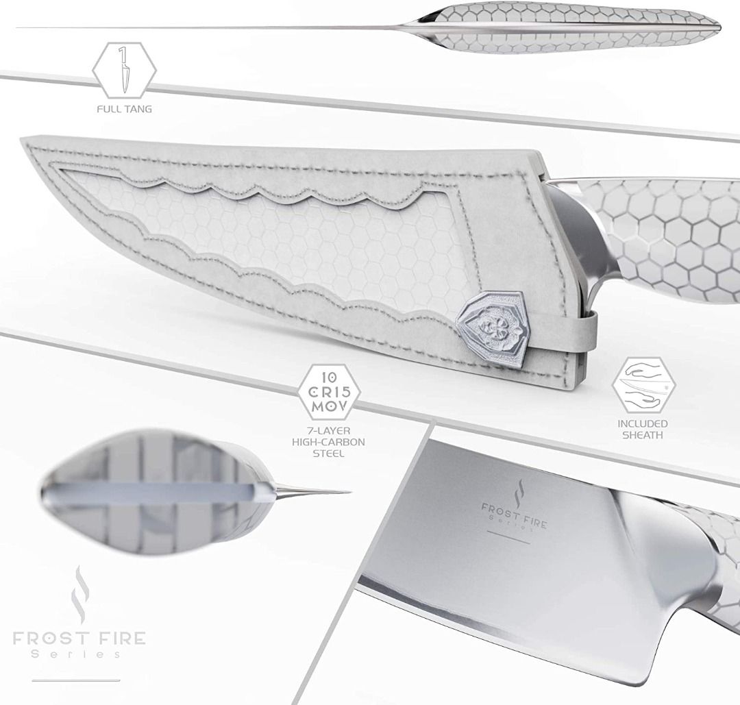  DALSTRONG Chef Knife - 8 inch - Frost Fire Series -  High-Chromium 10CR15MOV Stainless Steel - Sand Blasted Frosted Finish Kitchen  Knife - White Honeycomb Handle - Sheath - Chef's Knife - NSF Certified:  Home & Kitchen