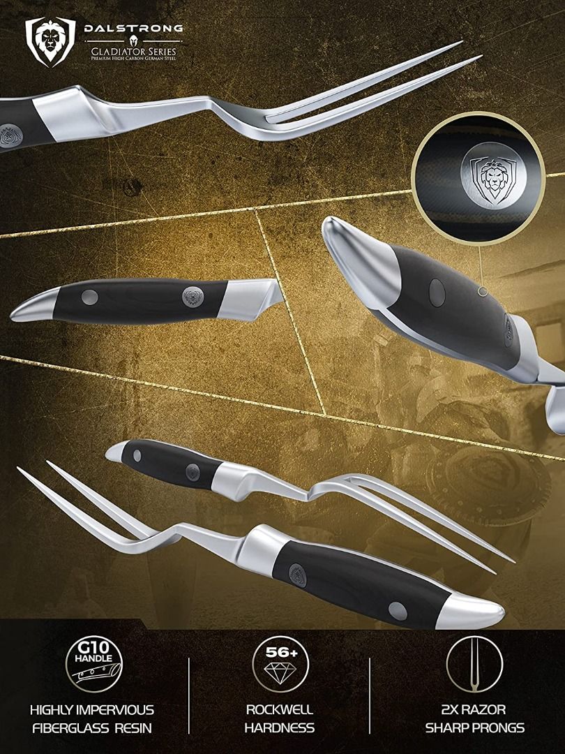 Dalstrong Carving Knife & Fork Set - Gladiator Series - German HC Steel - 4pc Hollow Ground - Honing Rod - 9