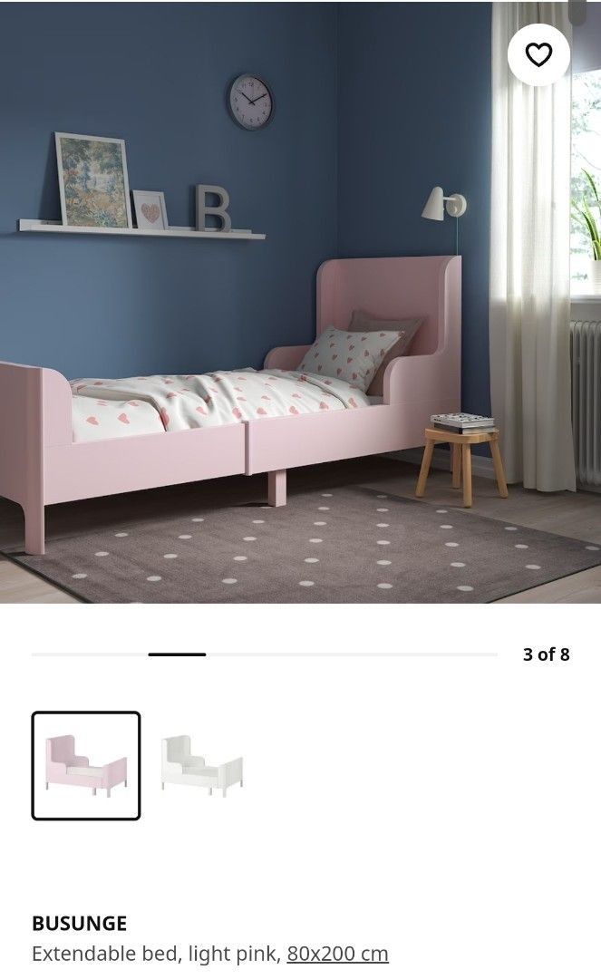 Ikea Busunge Children Extendable Bed (White and Pink), Babies & Kids
