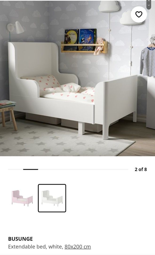 Ikea Busunge Children Extendable Bed (White and Pink), Babies & Kids
