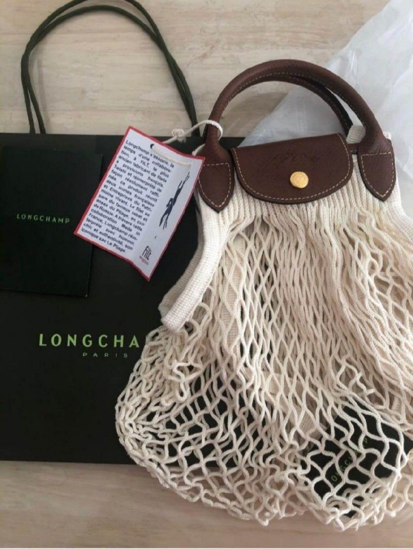 Auth Longchamp Filt Limited Mesh Net Bag White Brown Cotton Leather France