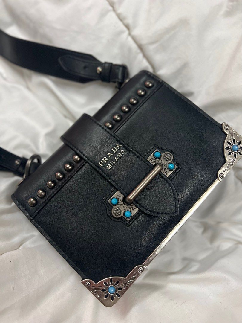 Prada Pattina Black Calf Leather Studded Flap Chain Crossbody Bag