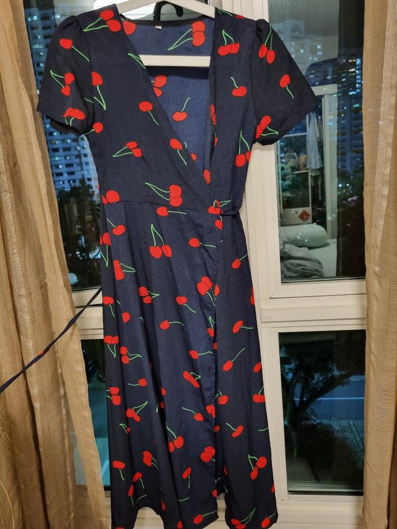 Navy blue cherry dress clearance
