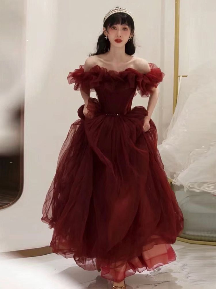 Red ruffle ball cheap gown