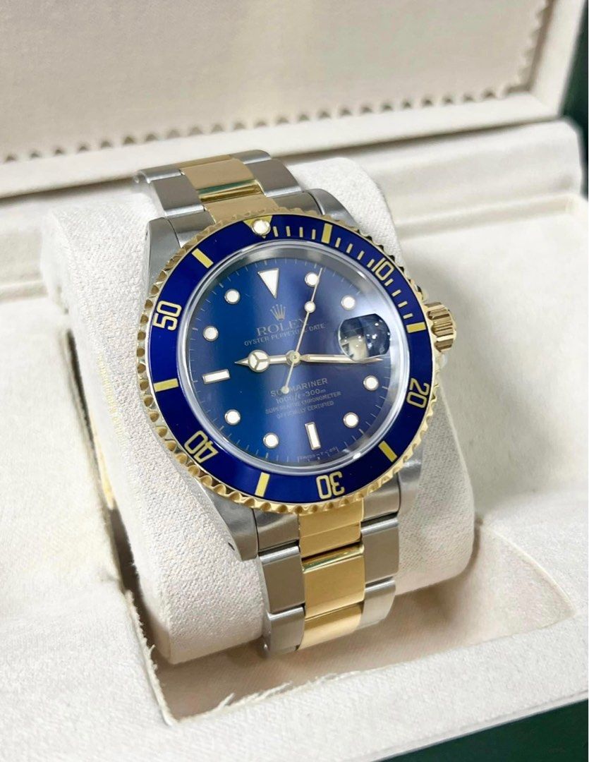 ROLEX 1993 Submariner Bluesy (Category: Luxury Watches) located in Pasig City. Submitted by Watchaholics (Listing ID 1220697068, Image 2). Description: ROLEX 1993 Submariner Bluesy Ref: 16613 40mm Two Tone 18k Yellow Gold and Steel S serial Newly serviced by RSC Under warranty until 2027 9/10 rating Comes watch, RSC service receipt, & presentation box For 695k only You may also contact me @ 09615077138 Thanks admin😉.