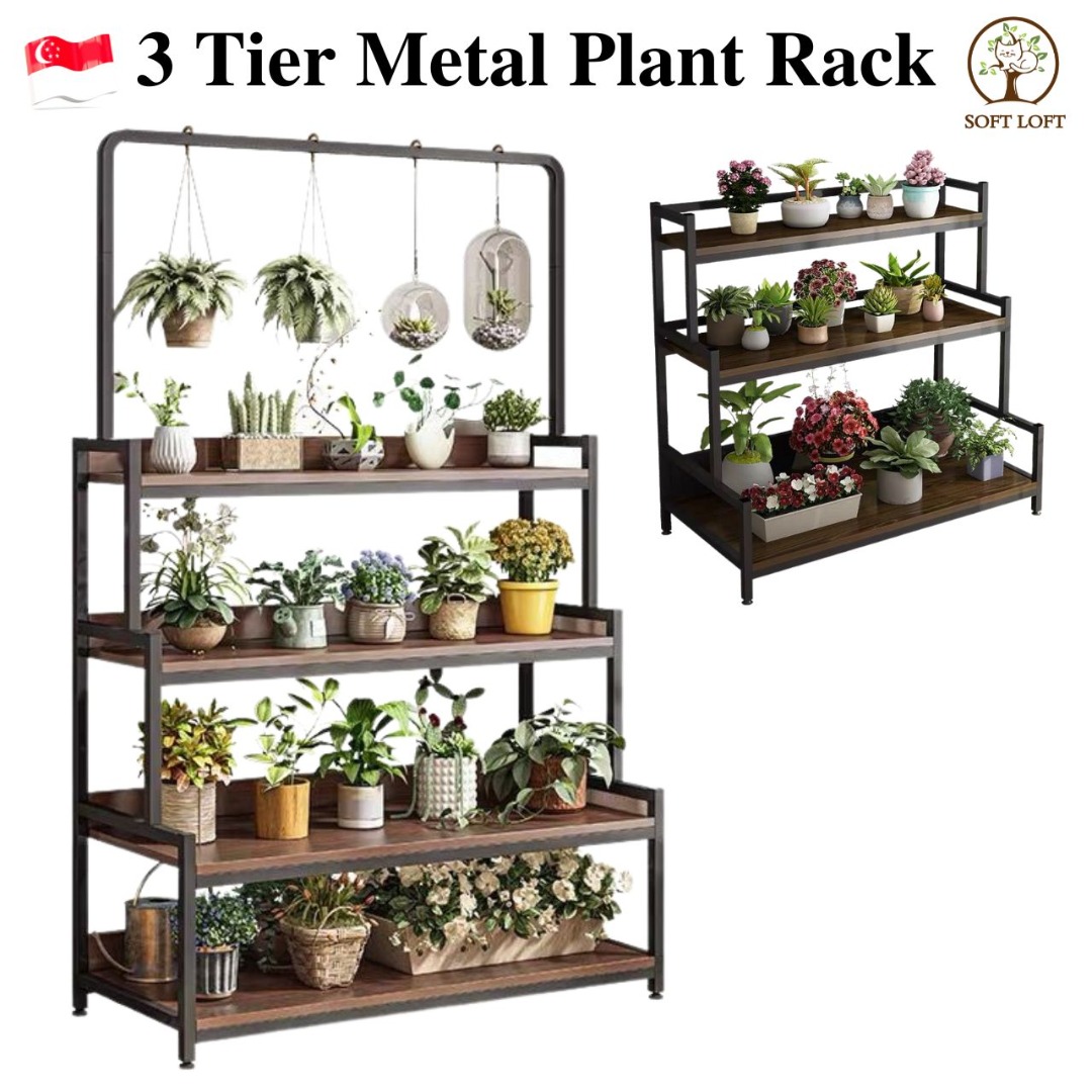 【SG SELLER】 3 Tier Wooden Plant Rack/Metal Frame Plant Stand Indoor ...