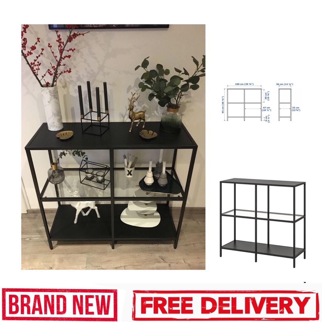 Shelving unit, blackbrown/glass make your beloved objects stand out, Furniture & Home Living