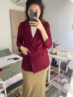 Super premium maroon blazer red import korea long brand Nuke / luaran outer korea kerja daily inport kancing double breasted