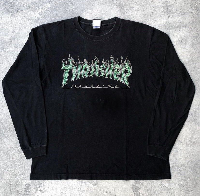 thrasher flame longsleeve, Fesyen Pria, Pakaian Atasan di Carousell