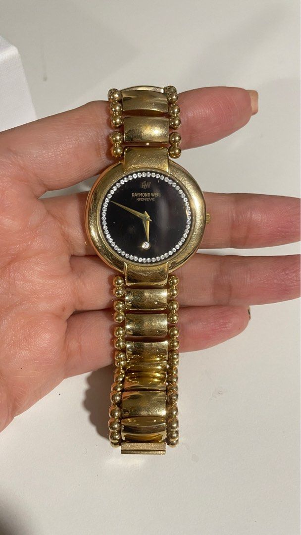 Vintage Raymond Weil Ladies Gold Electroplate Crystal wristwatch Black, Women's Fashion, Watches