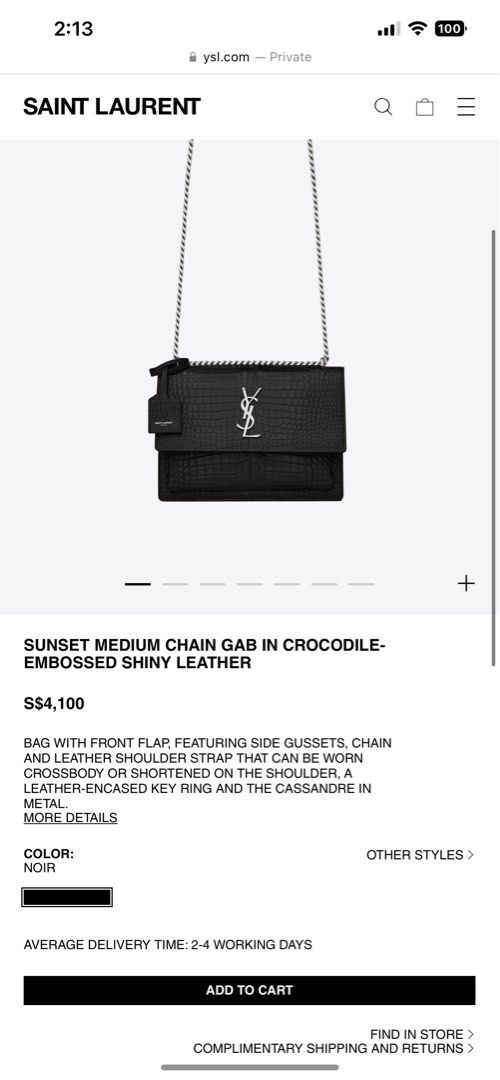 Saint Laurent Sunset Large in Crocodile-Embossed Shiny Leather - Black