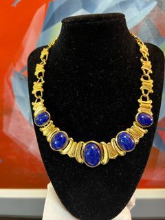 AVAILABLE - Lovely, TRIFARI Vintage 1980's Chunky Gold Statement Necklace With Blue Cabochons And Rhinestones (from the US)