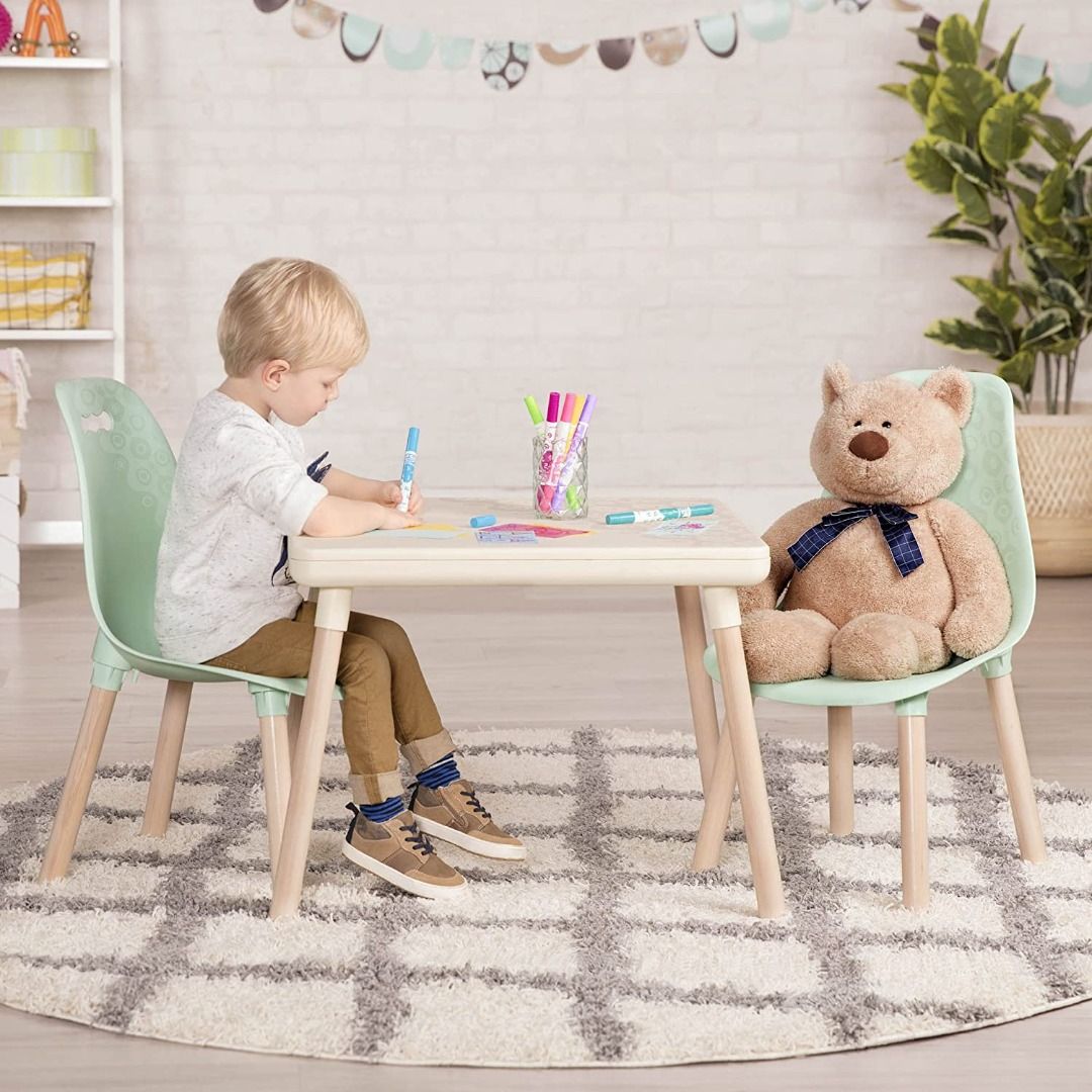 B. spaces by Battat BX1866C1Z Kids Furniture Set 1 Craft Table 2 Kids Chairs with Natural Wooden Legs Ivory and Mint