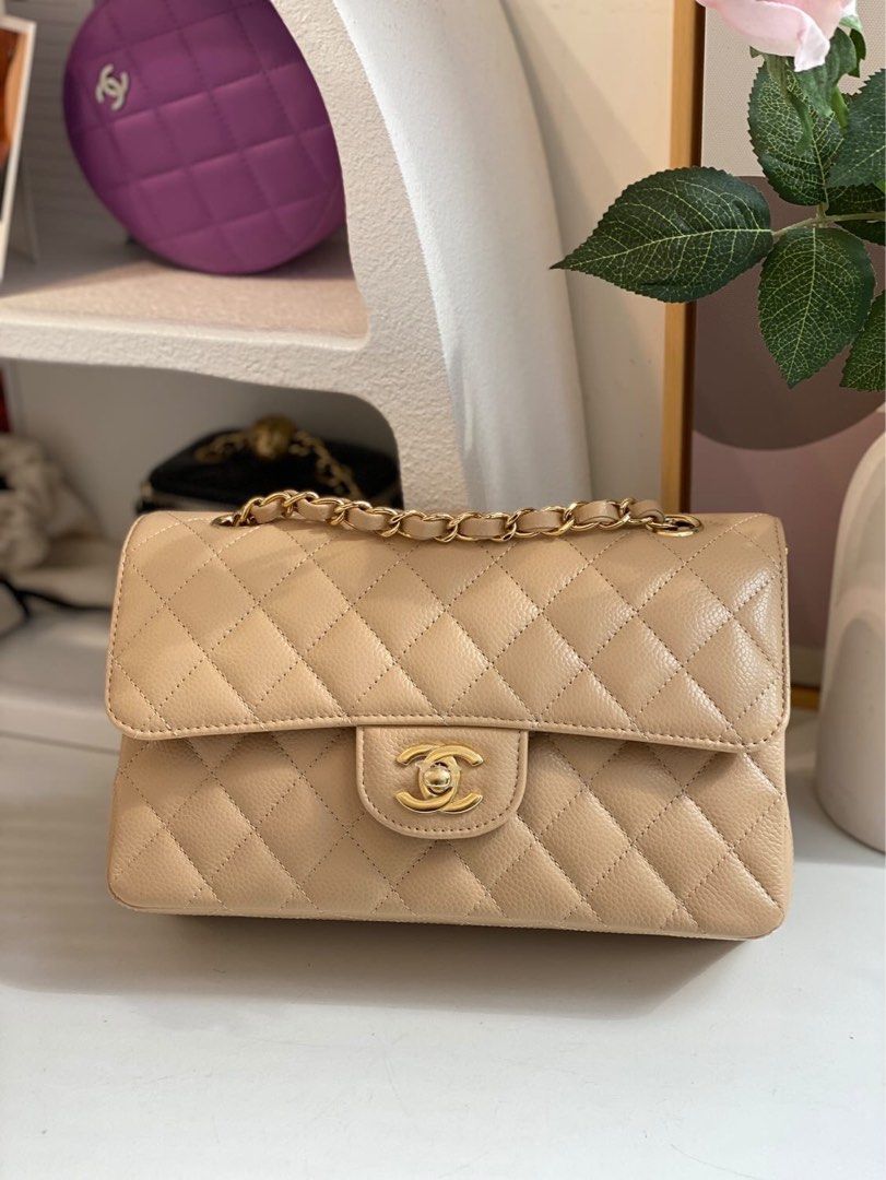 Chanel beige classic flap in size small with gold hardware, Luxury