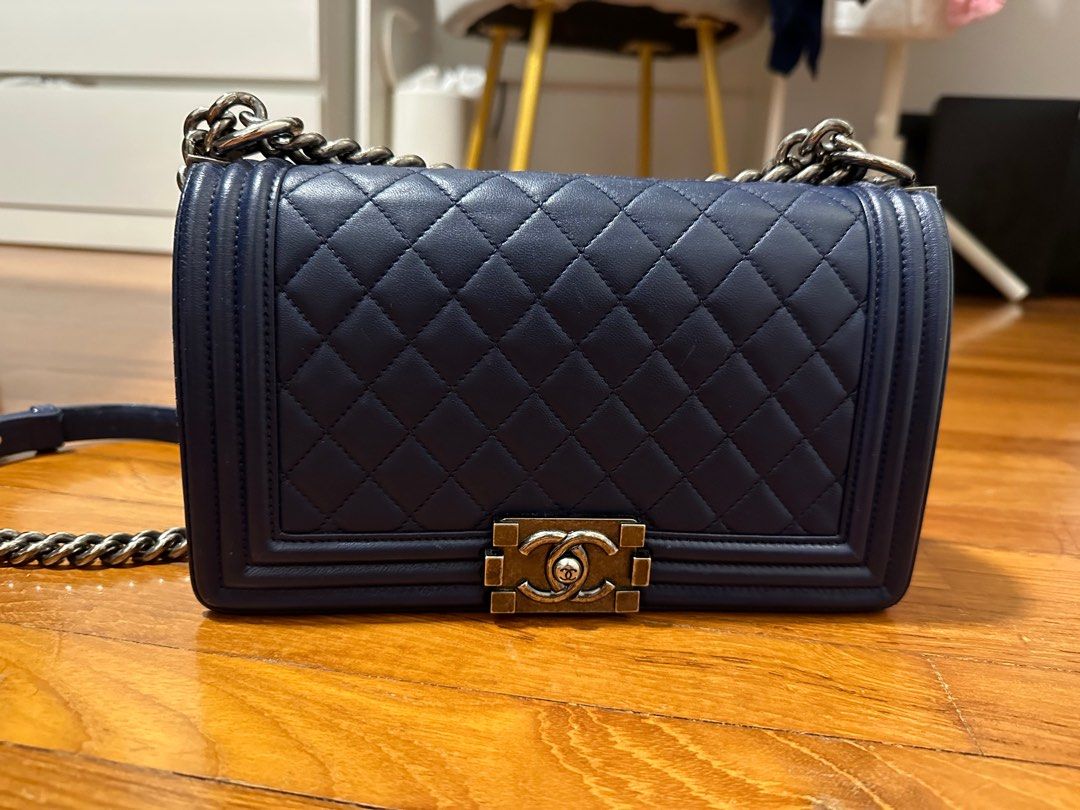 Chanel Boy old medium in navy blue, Luxury, Bags & Wallets on Carousell