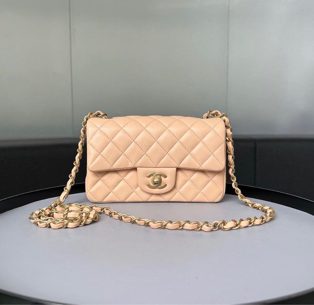 Chanel Mini Rectangular Flap Lambskin Beige / Ghw, Luxury, Bags