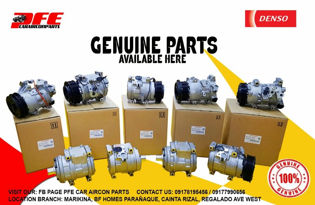 Denso original compressor (Category: Engine and Aircon Parts and Accessories) located in Quezon City. Submitted by pfeautoairconparts (Listing ID 1220808451, Image 1). Description: "Choose only the Original " Denso original compressor, evaporator, blower motor fan motor. Shop locations: 1. 540 Mc Arthur Highway, Malinta Valenzuela ( landmark AVON MALINTA ) 2. 106 Felix Ave Greenpark Pasig Cainta Rizal (in between Metrobank and Ministop walking di