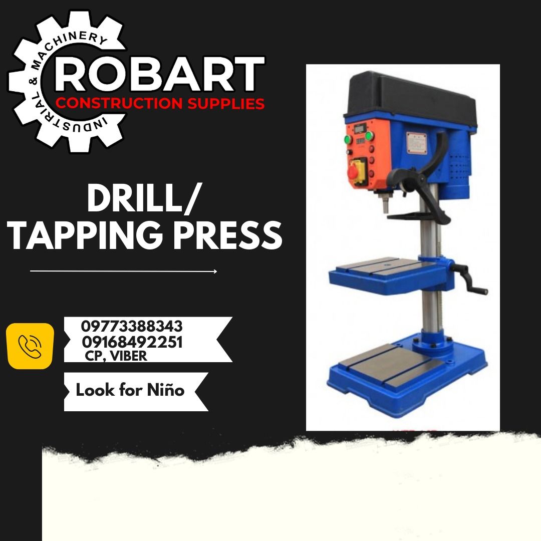DRILL/ TAPPING PRESS (Category: Construction Tools & Equipment) located in Manila. Submitted by ninoparede24925 (Listing ID 1220798635, Image 1). Description: TTMC Drill / Tapping Press Brand: TTMC Product Code: TTMC WTZ - 16T Drill capacity:16mm Tapping:12mm Spindle Speed:300 - 1800 rpm Motor:1 H.P. Weight: 55 kgs. WTZ - 16Q Drill capacity:16mm Tapping: Spindle Speed:300 - 1800 rpm Motor:450 Watts Weight:38 kgs. - - for faster transaction: look 